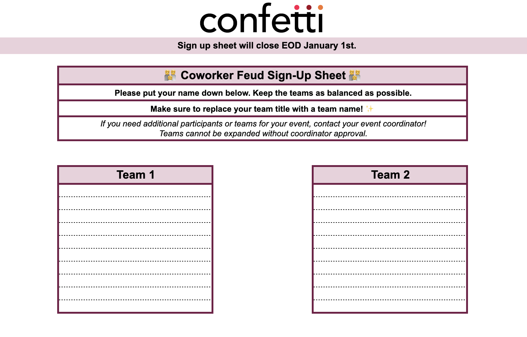 Virtual Coworker Feud Sample SignUp Sheet Confetti 🎉